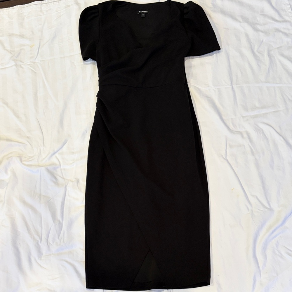 Express Black Puff Sleeve Wrap-Front Midi Dress